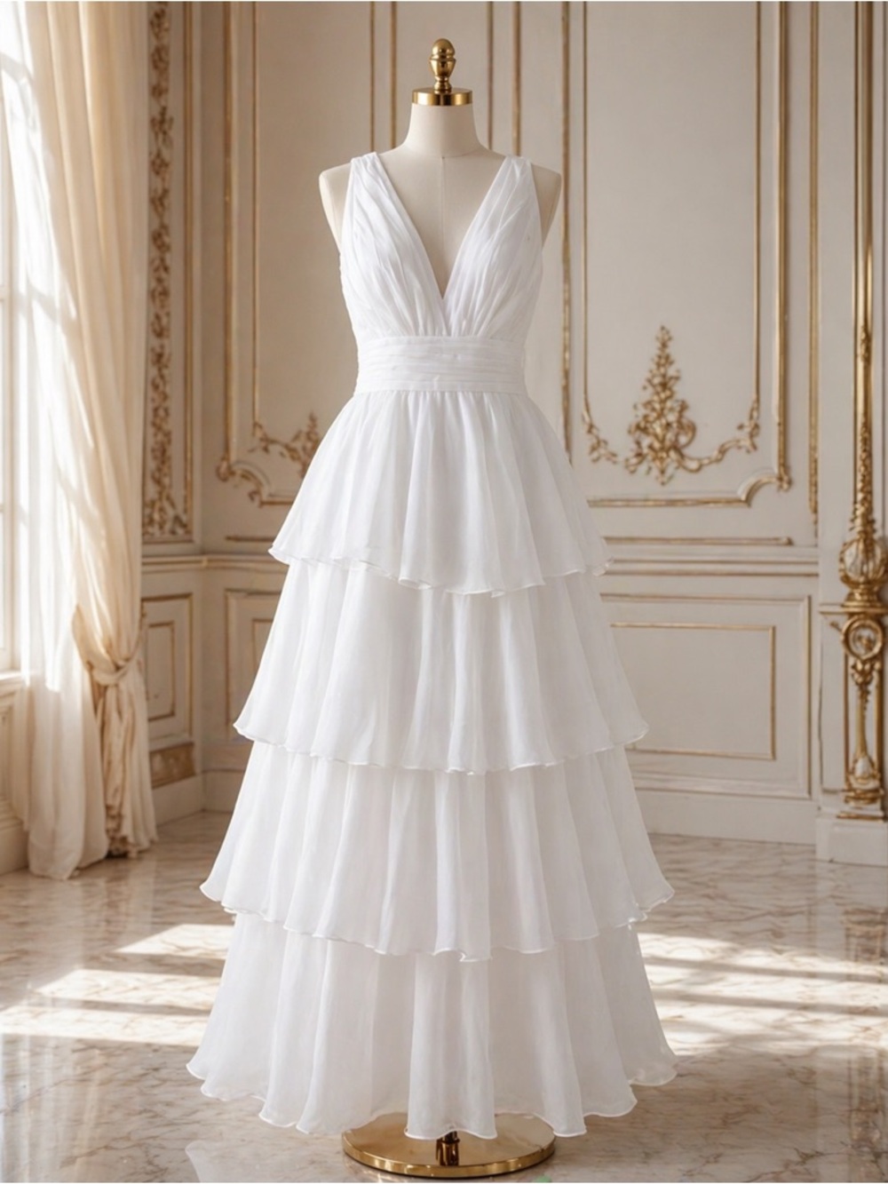 Elegant White Tiered V-Neck Dress